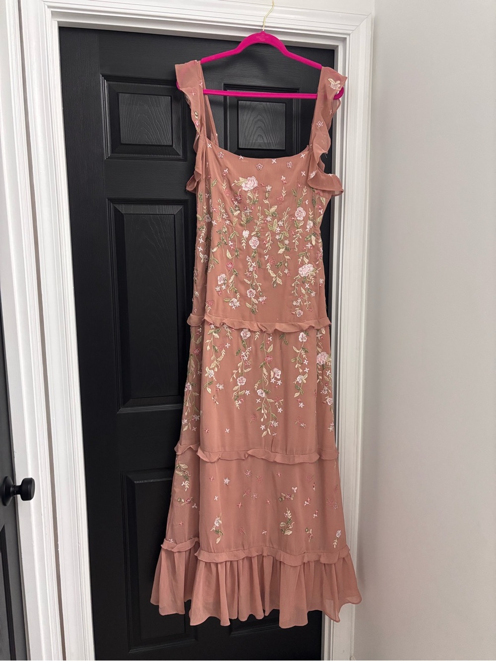 ASOS Dusty Rose Embroidered Ruffle Maxi Dress Size 10